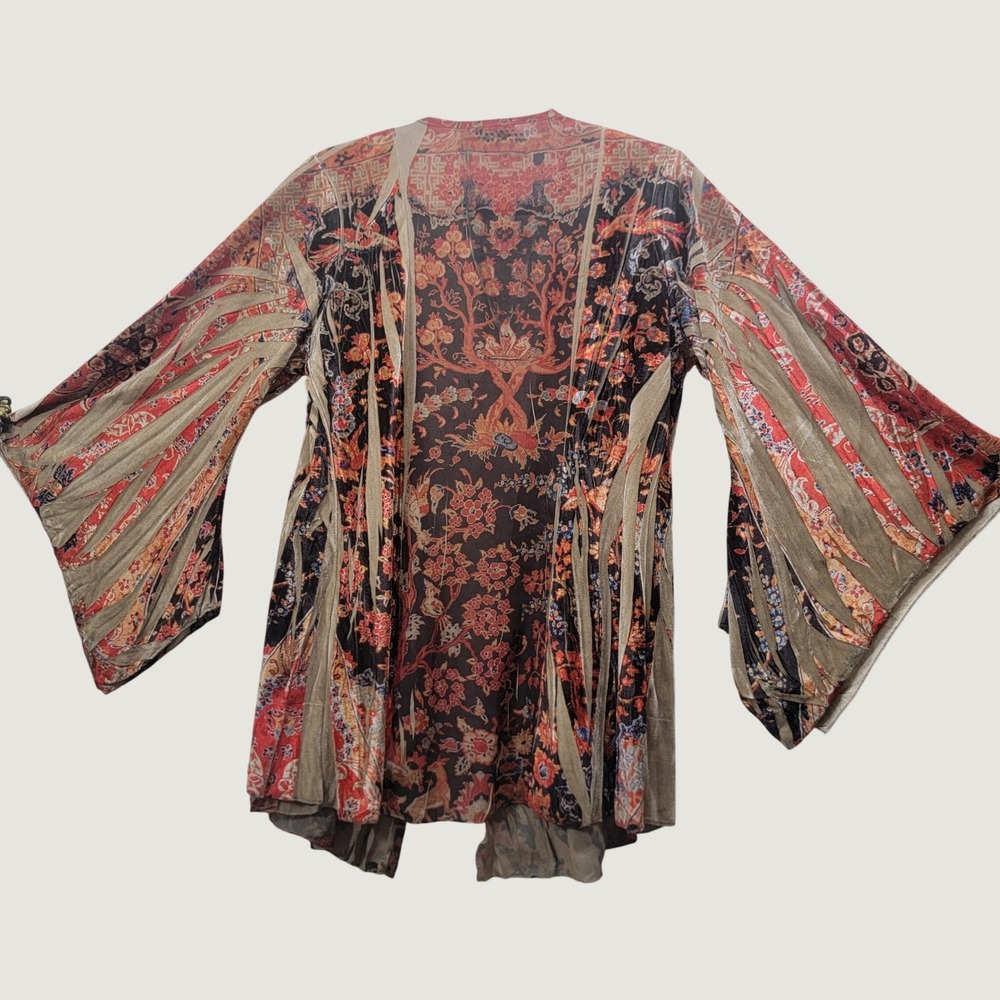 Whimsy Boho Velvet Burnout Kimono Cardigan Floral Wide Bell Sleeves Red Rust
